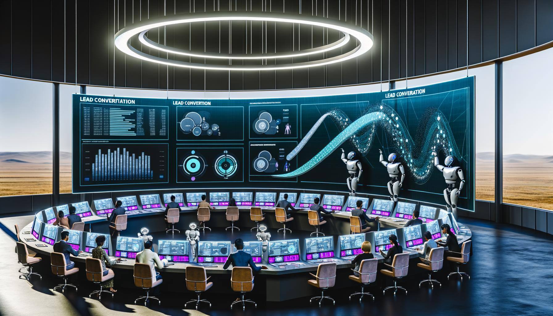 Imagine a futuristic control room. The room is characterised by a colossal, curved screen that projects diverse graphs and analytical data. In the fro